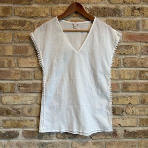 J. Crew Gauzy White Top w/ Pom Pom Trim